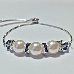 Ivory Glass Pearls w/ Blue Crystal Bolo Bracelet
